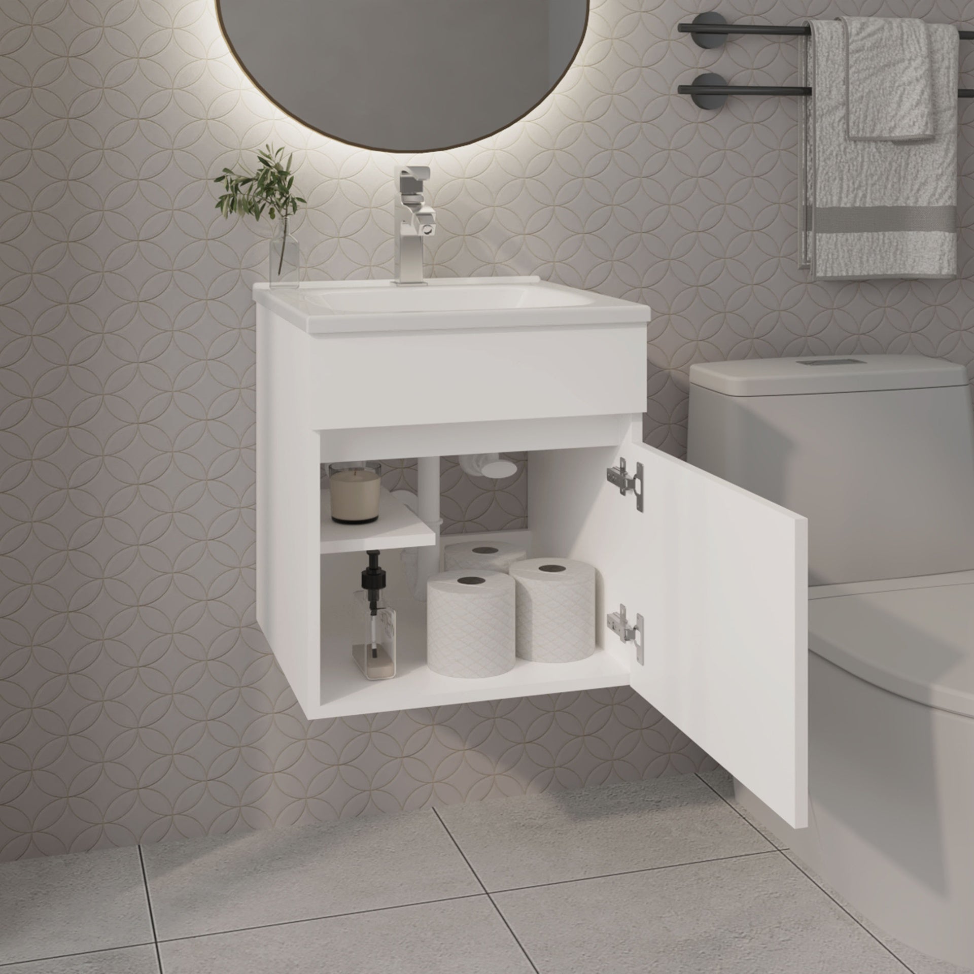 FM FURNITURE  Belle Bathroom Floating Vanity with Sink, 1 Door, White