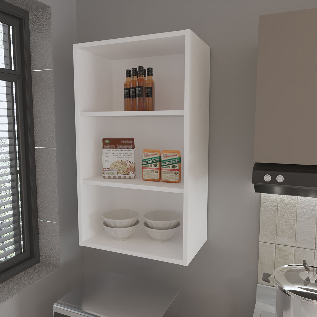 Guadalupe Wall Cabinet in Melamine with Open Storage, White