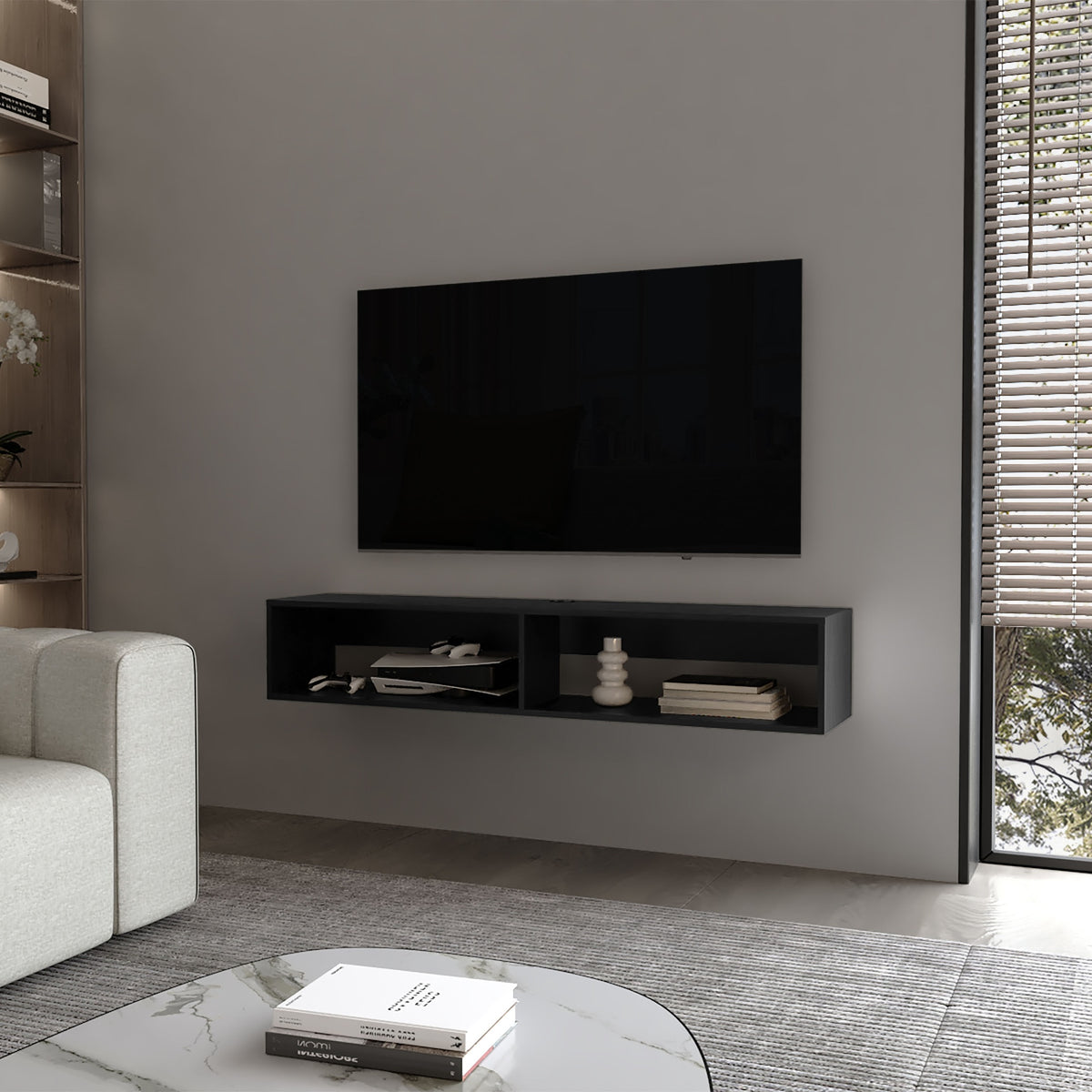 Central Floating media rack in melamine with two shelves,black