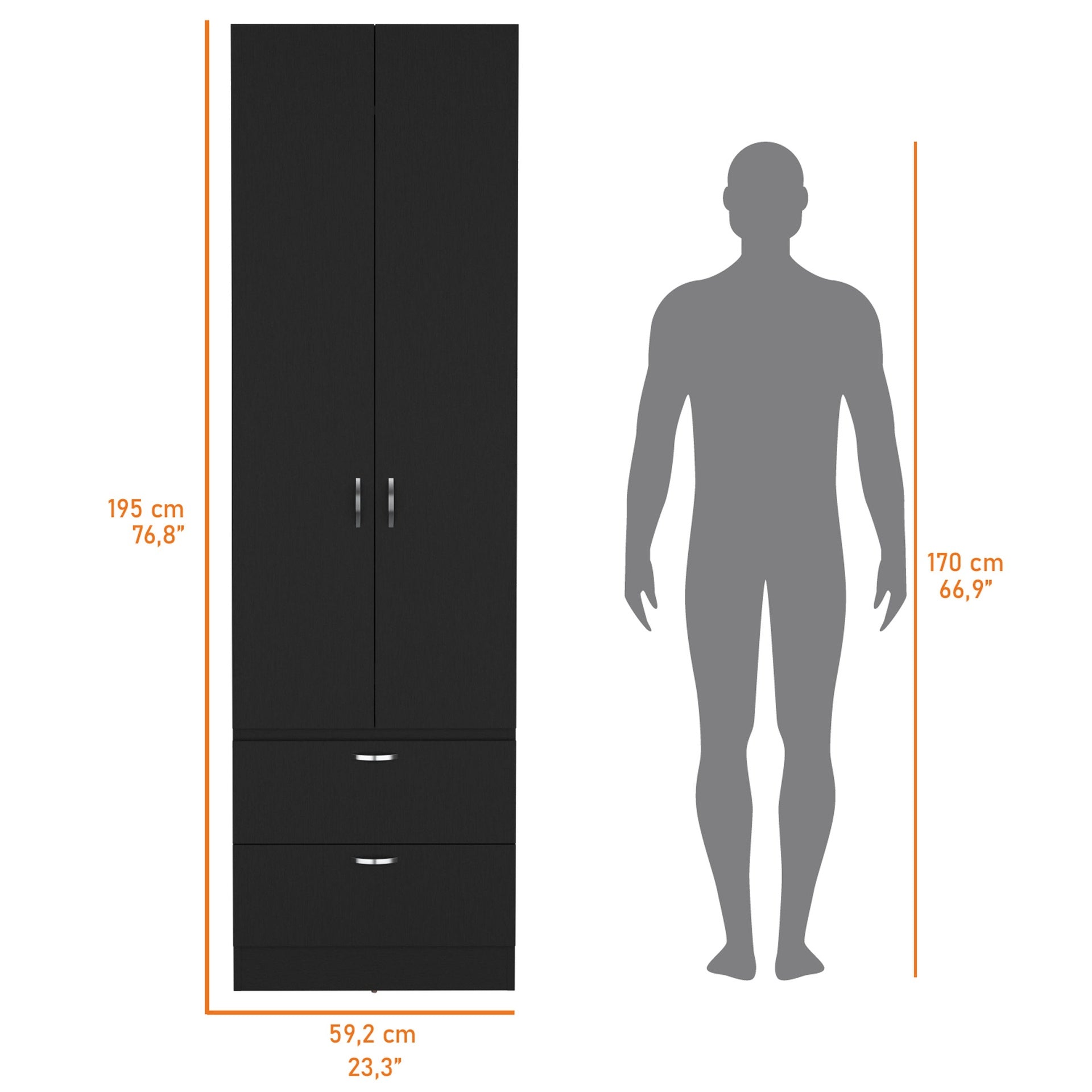 Tall Mayer Wardrobe in Melamine with Two Doors and Two Drawers