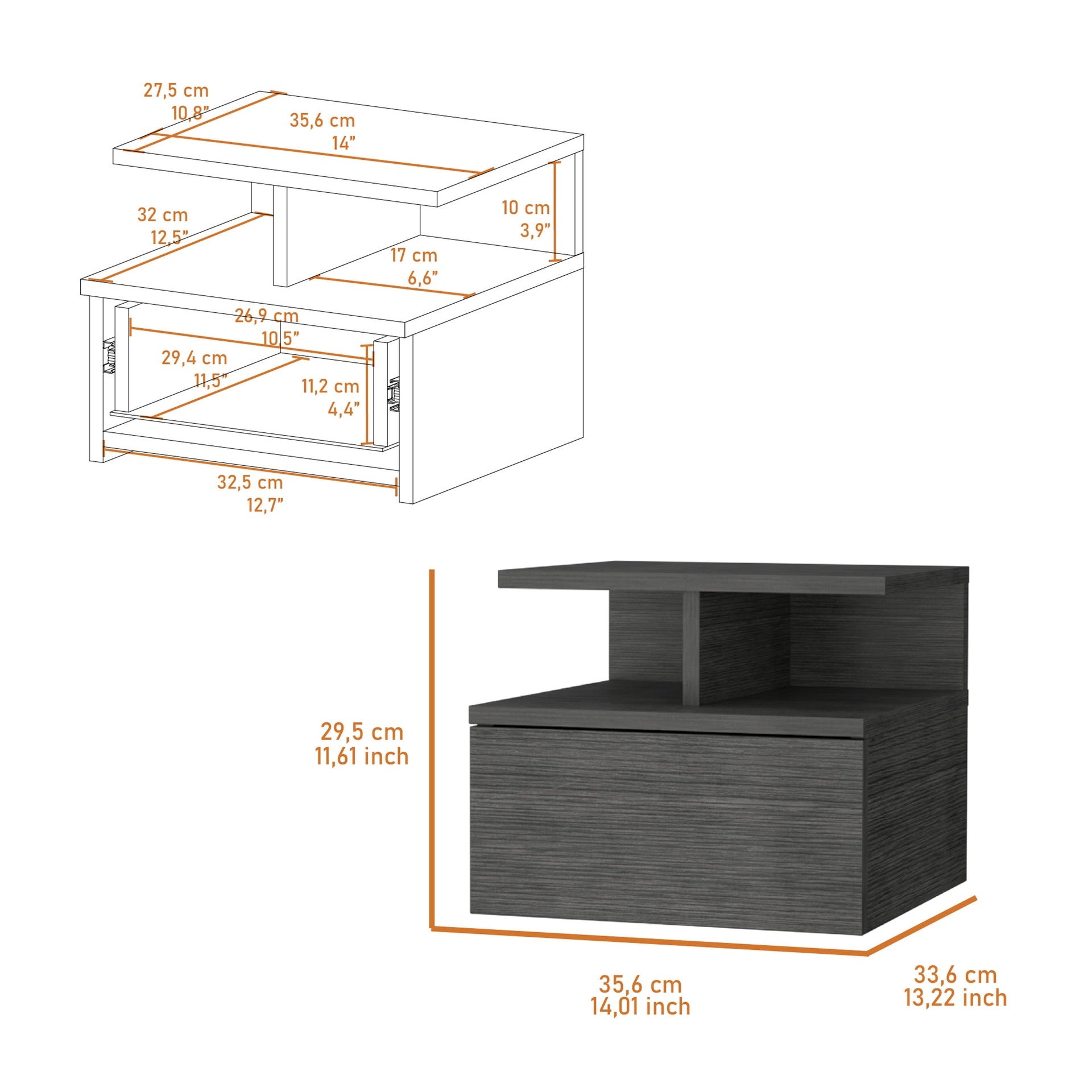 Augusta Floating Nightstand with 2-Tier Shelf and 1-Drawer