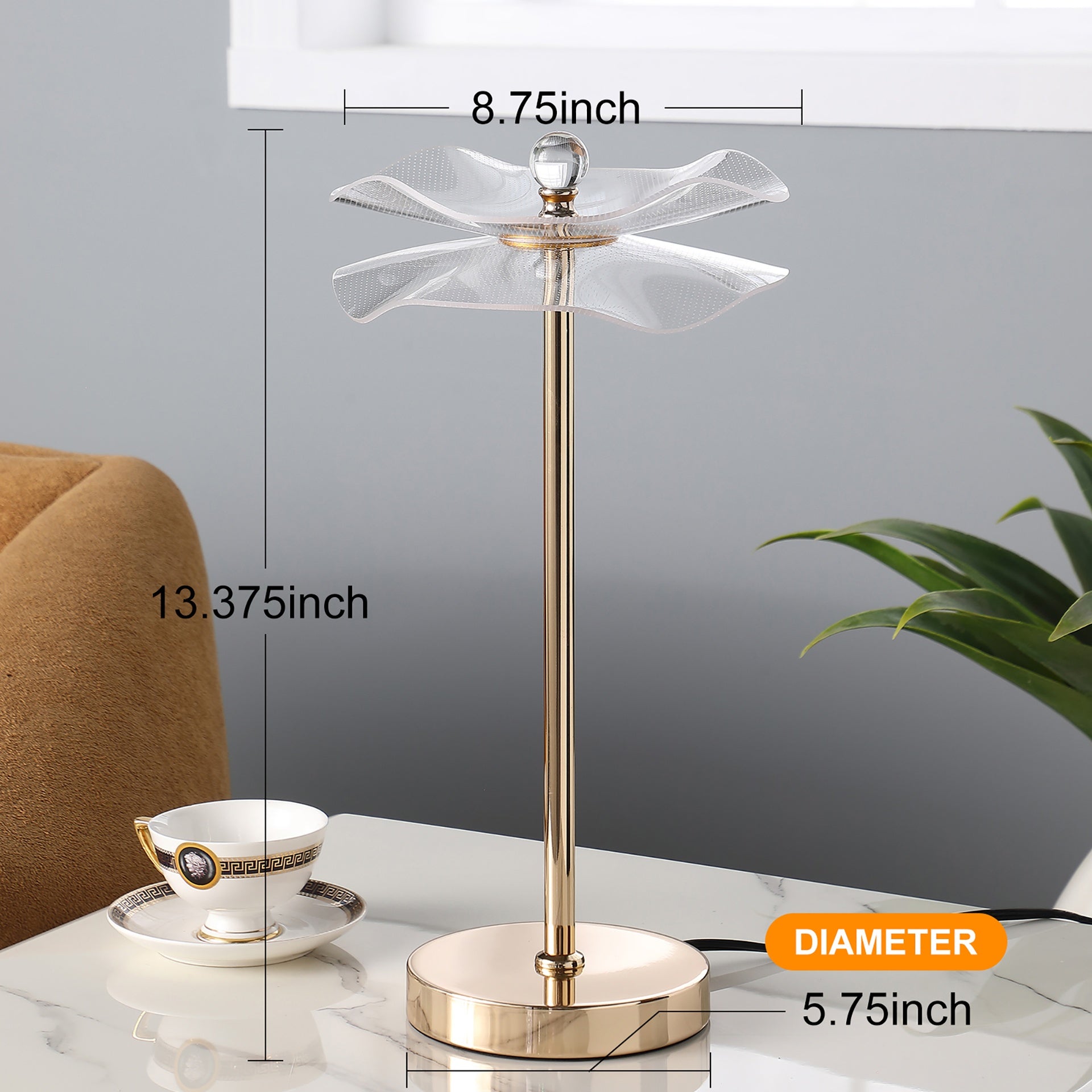 Led Acrylic Copper Gold Luminaire Table Lamp for Living Room, Nightstand Bedside Table Lamp for Bedroom, LED Lamp