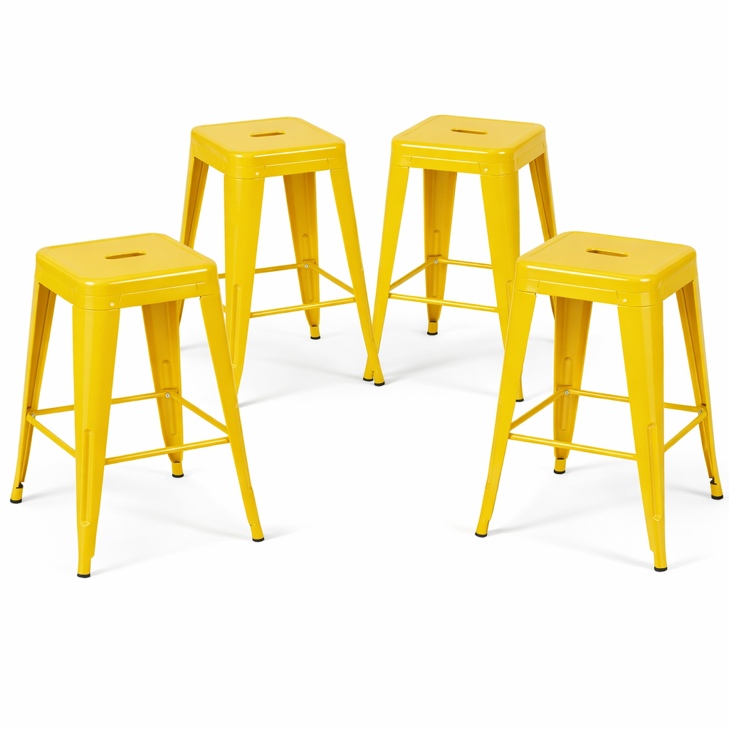 24 Inch Counter Height Stool, Backless Metal Bar Stools Set of 4, Non-Stackable, Detachable & Easy Assembly, Space-Saving Design for Kitchen Island/Bar/Café/Dining Room (Yellow)