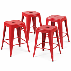 24 Inch Counter Height Stool, Backless Metal Bar Stools Set of 4, Non-Stackable, Detachable & Easy Assembly, Space-Saving Design for Kitchen Island/Bar/Café/Dining Room (Red)