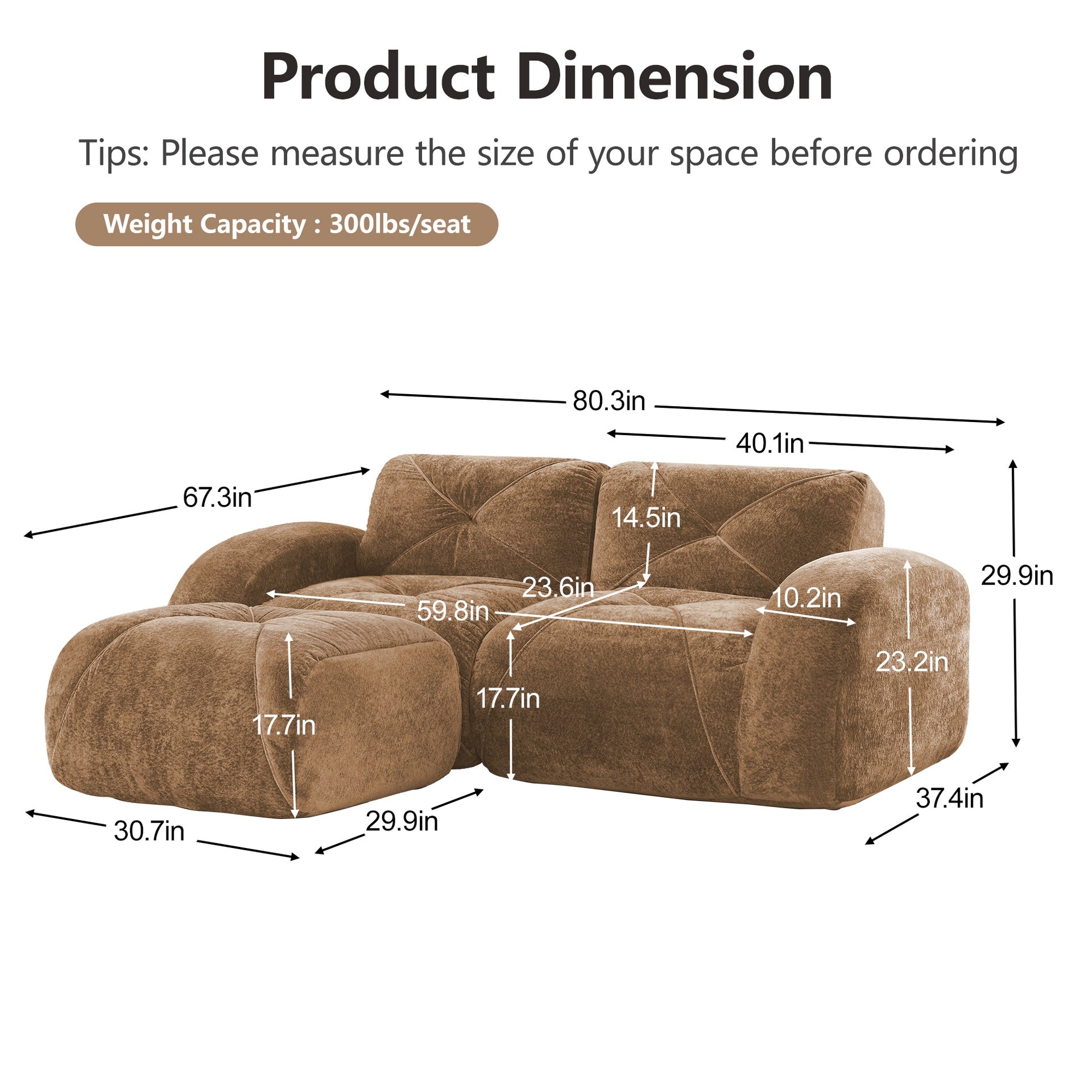 L-Shaped Boneless Sofa,Soft Velvet Fabric,Tufted Design,32D High Density Sponge,No Assembly Required,Ergonomic Design Bottom, Anti-Slip Design,Movable Ottoman for Bedrooms,Camel