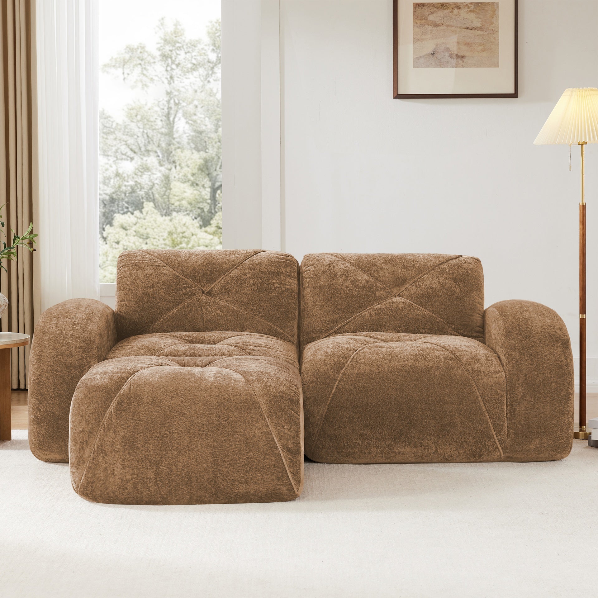 L-Shaped Boneless Sofa,Soft Velvet Fabric,Tufted Design,32D High Density Sponge,No Assembly Required,Ergonomic Design Bottom, Anti-Slip Design,Movable Ottoman for Bedrooms,Camel