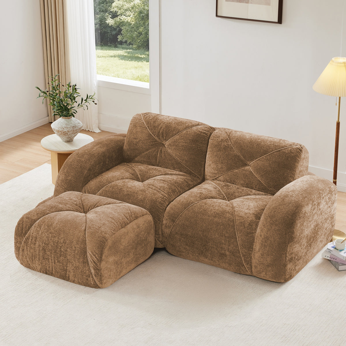 L-Shaped Boneless Sofa,Soft Velvet Fabric,Tufted Design,32D High Density Sponge,No Assembly Required,Ergonomic Design Bottom, Anti-Slip Design,Movable Ottoman for Bedrooms,Camel