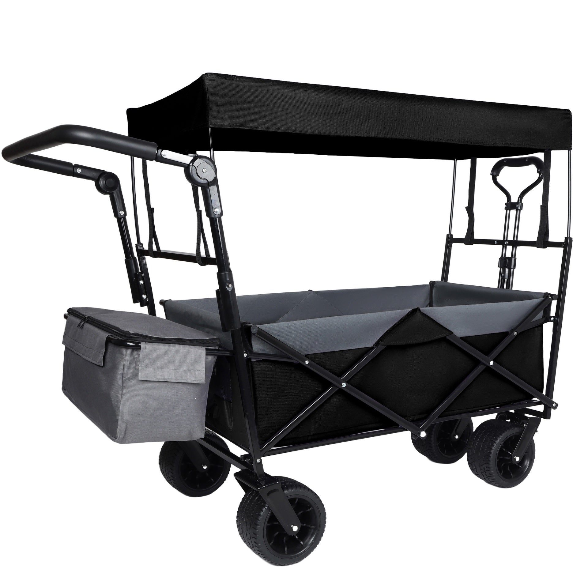 With Push Handle, 480Lbs Collapsible Wagon with Canopy, Wagon cart with 7" All-Terrain Wheels, Lightweight Foldable Wagon, Large Capacity for Camping, Shopping, Sports, and Garden Use, black
