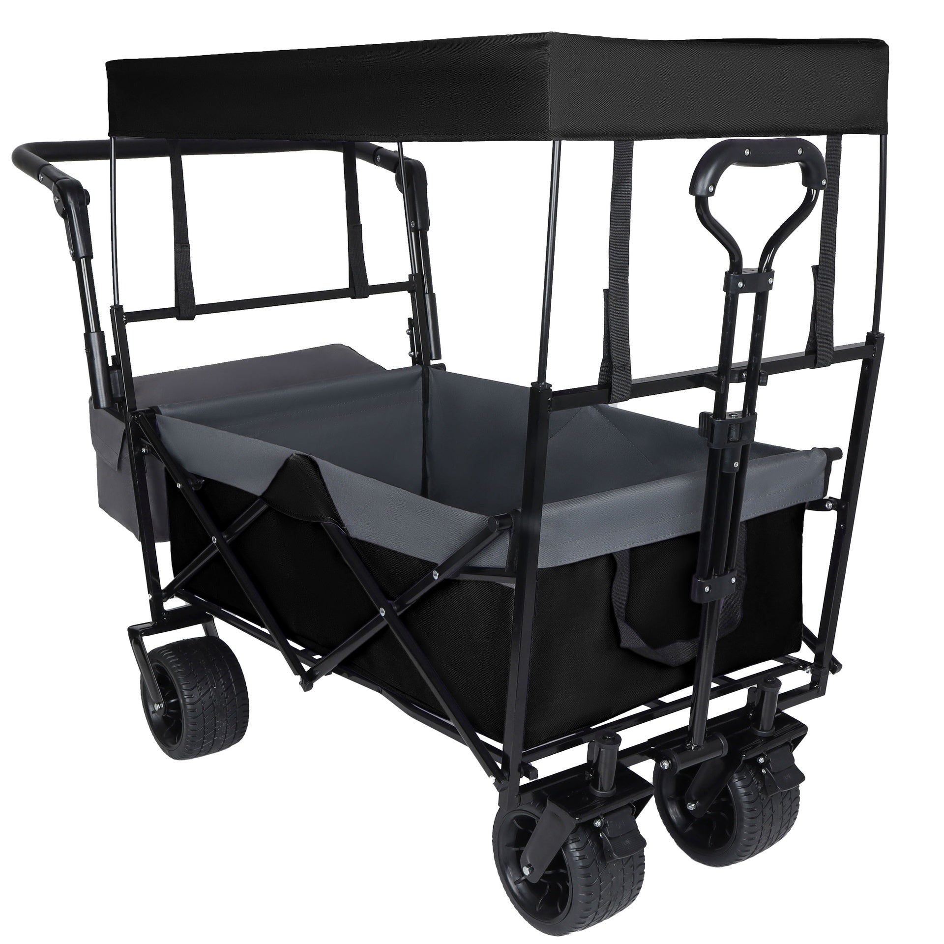 With Push Handle, 480Lbs Collapsible Wagon with Canopy, Wagon cart with 7" All-Terrain Wheels, Lightweight Foldable Wagon, Large Capacity for Camping, Shopping, Sports, and Garden Use, black