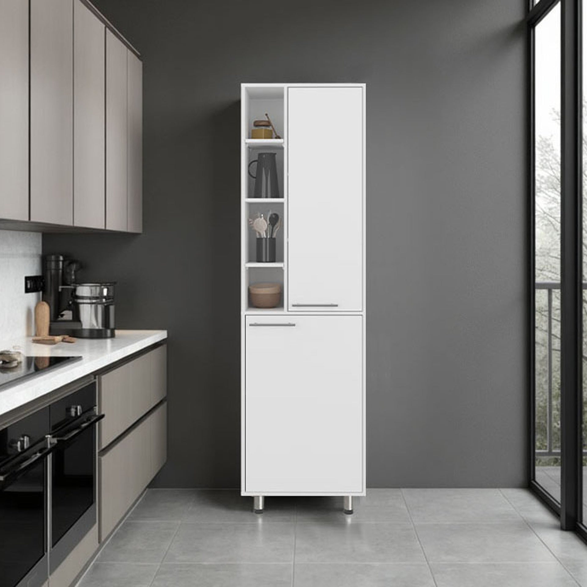 Kitchen Pantry 80.30" H 2 Doors, 9 Shelves, 4 Legs, White - Kitchen