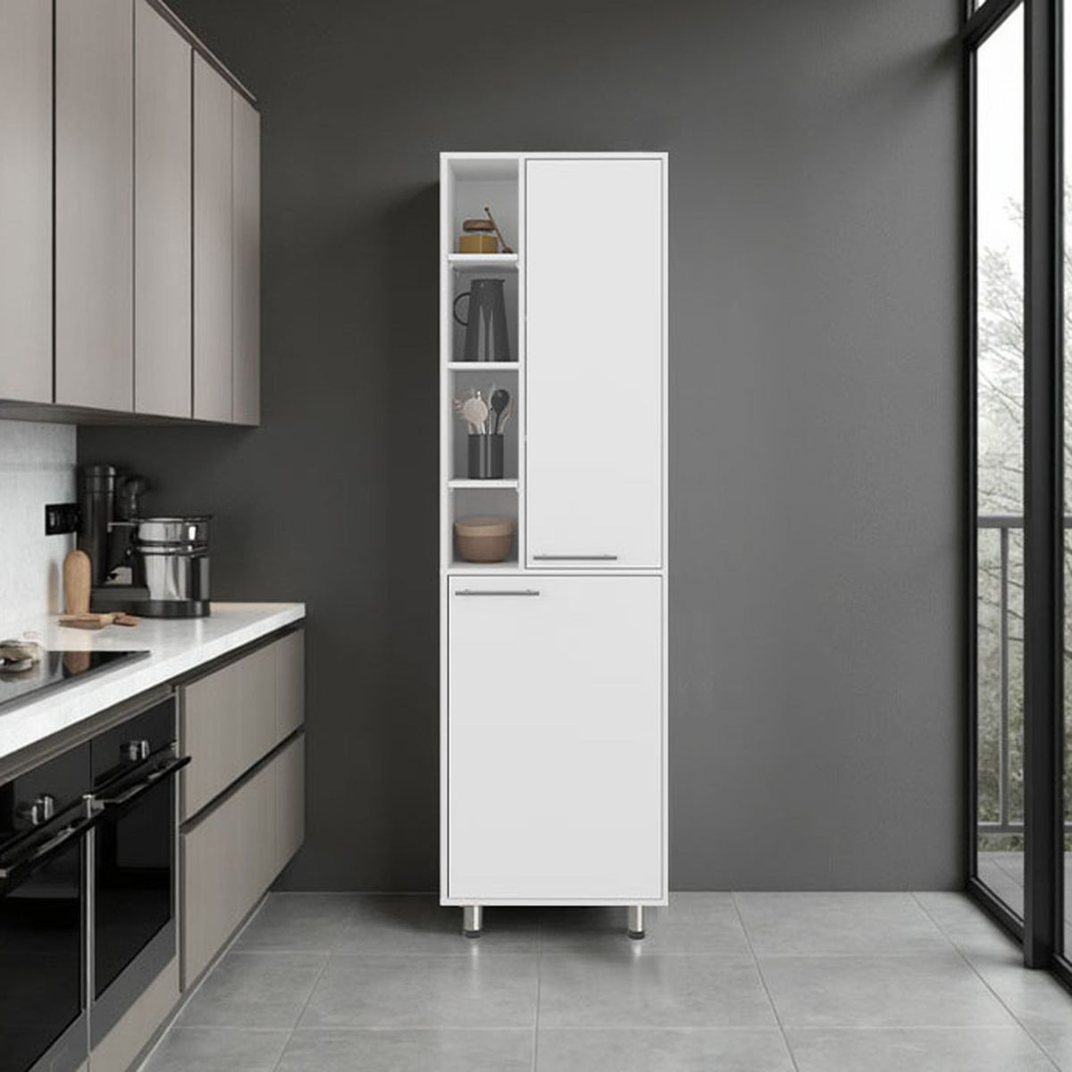 Kitchen Pantry 80.30" H 2 Doors, 9 Shelves, 4 Legs, White - Kitchen