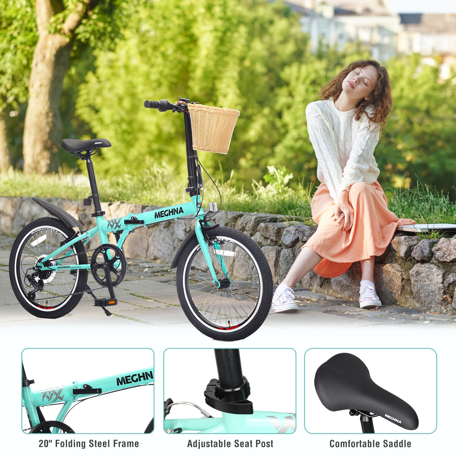 20 Inch Folding Bike for Adults with Basket, Phone Holder & Fenders, Steel Frame 6-Speed City Commuter, Dual V-Brake Portable Compact Bicycle for Men & Women