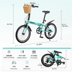 20 Inch Folding Bike for Adults with Basket, Phone Holder & Fenders, Steel Frame 6-Speed City Commuter, Dual V-Brake Portable Compact Bicycle for Men & Women