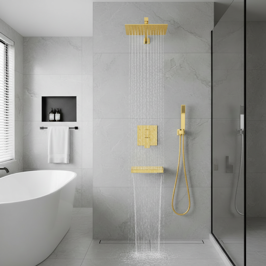 Rain Shower System Brushed Gold, Tub Shower Faucet Set 10 Inch Square Rainfall Shower Head with Handheld Sprayer and Waterfall Tub Spout Pressure Balance