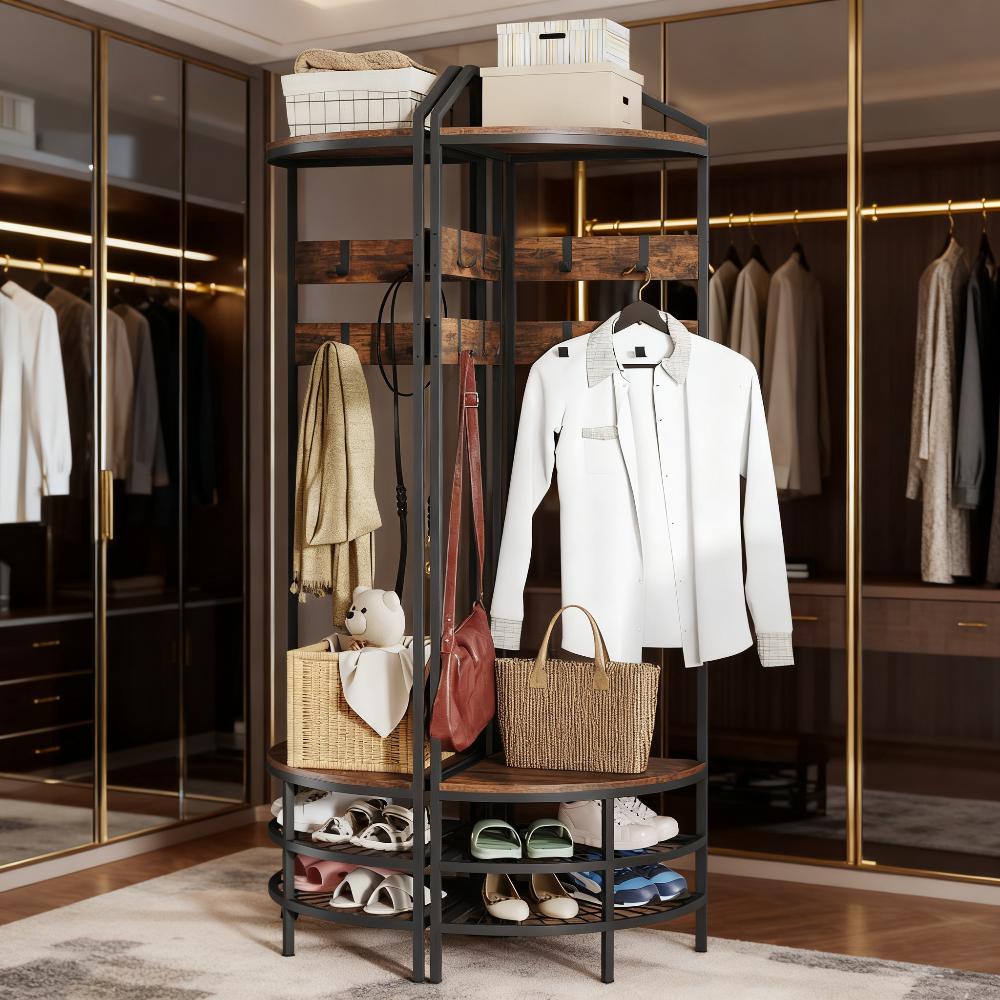 Coat Rack Corner Hall Tree, Industrial 4-Tier Coat Rack with Shoe Storage, 8 Movable Hooks and 2 Shelves