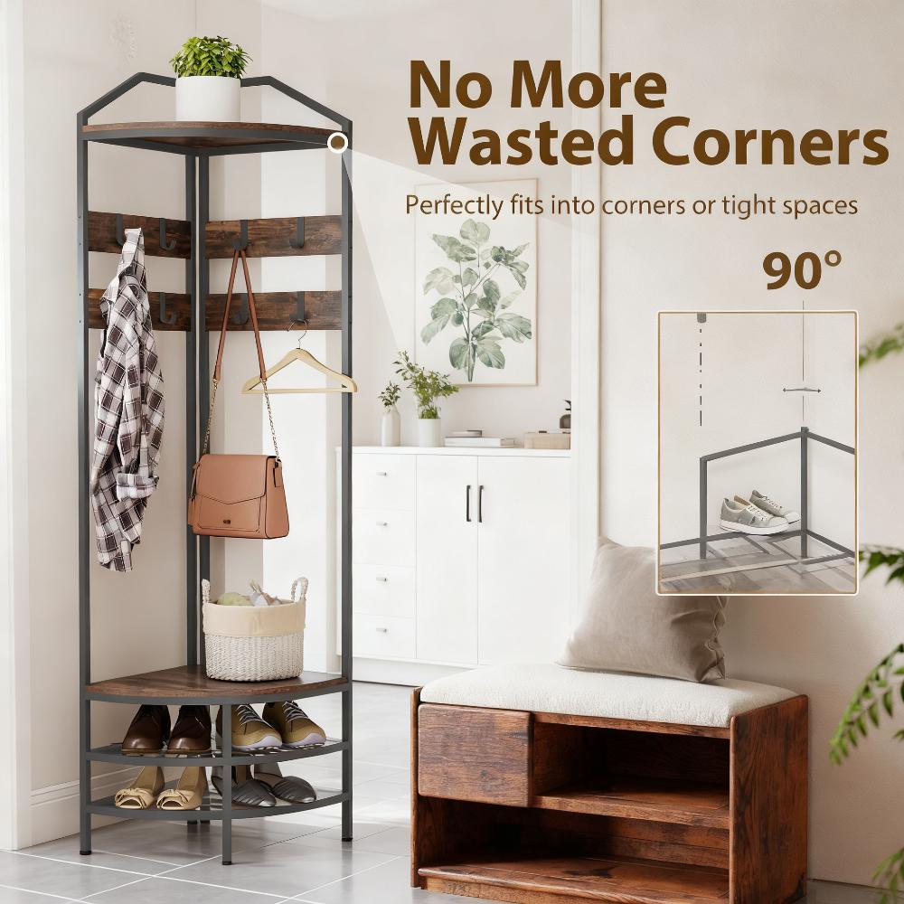 Coat Rack Corner Hall Tree, Industrial 4-Tier Coat Rack with Shoe Storage, 8 Movable Hooks and 2 Shelves