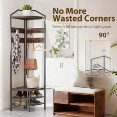 Coat Rack Corner Hall Tree, Industrial 4-Tier Coat Rack with Shoe Storage, 8 Movable Hooks and 2 Shelves