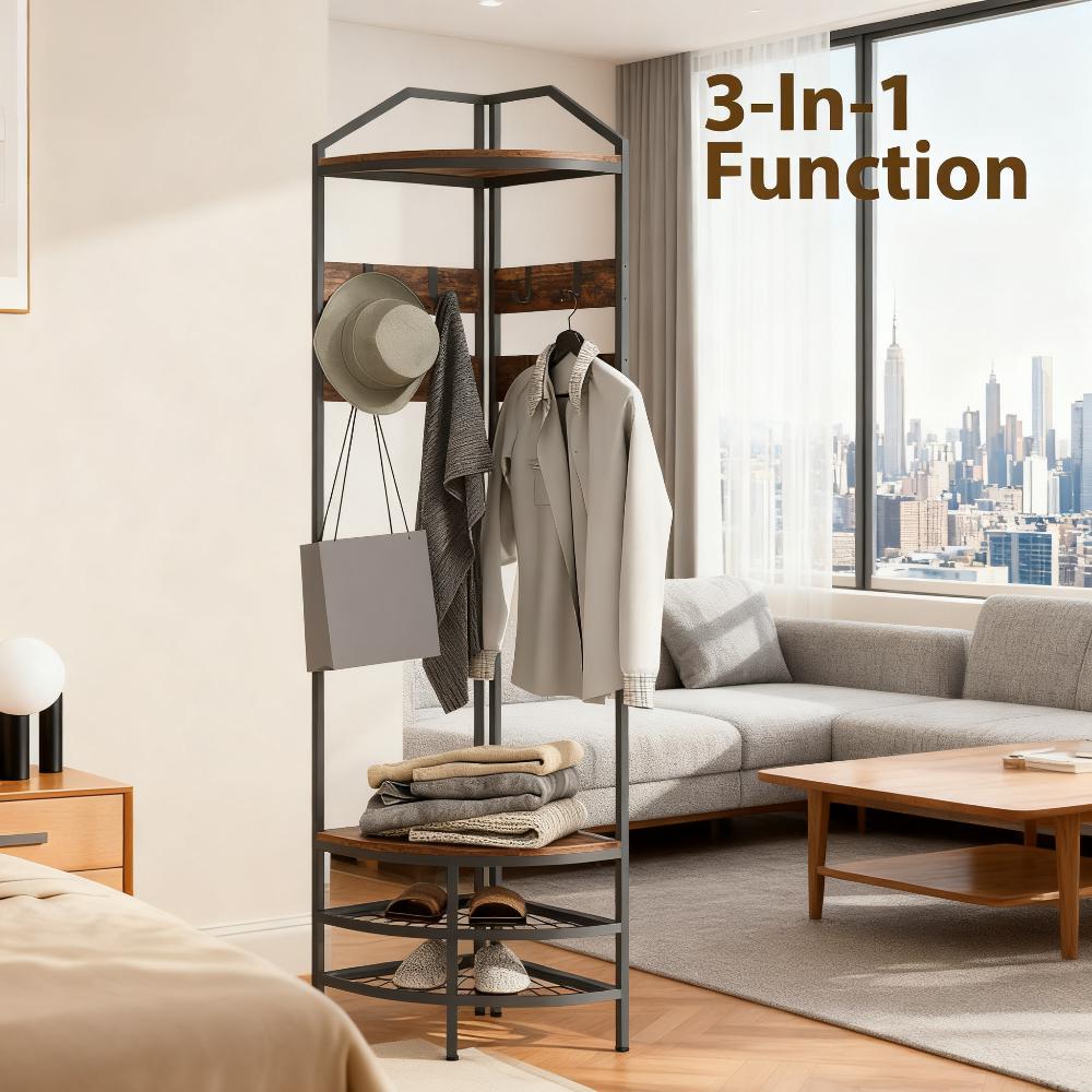 Coat Rack Corner Hall Tree, Industrial 4-Tier Coat Rack with Shoe Storage, 8 Movable Hooks and 2 Shelves