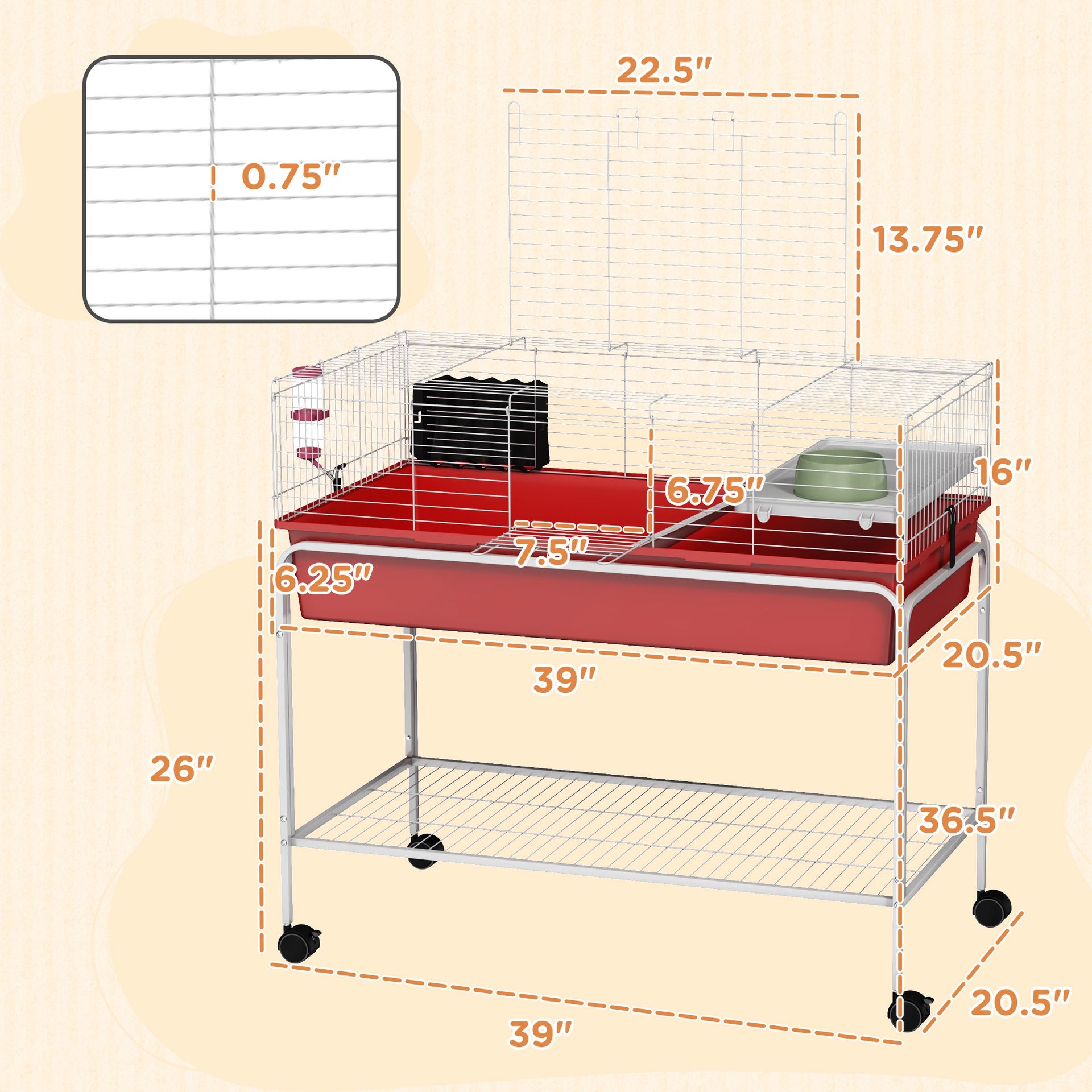 Two-Story Small Animal Cage Removable from Stand,  39" x 20.5" x 36.5", Red