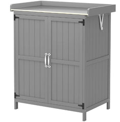 Wooden Potting Bench with 2 Doors,Outdoor Storage Cabinet,Garden Tool Shed with Metal Tabletop and Shelf