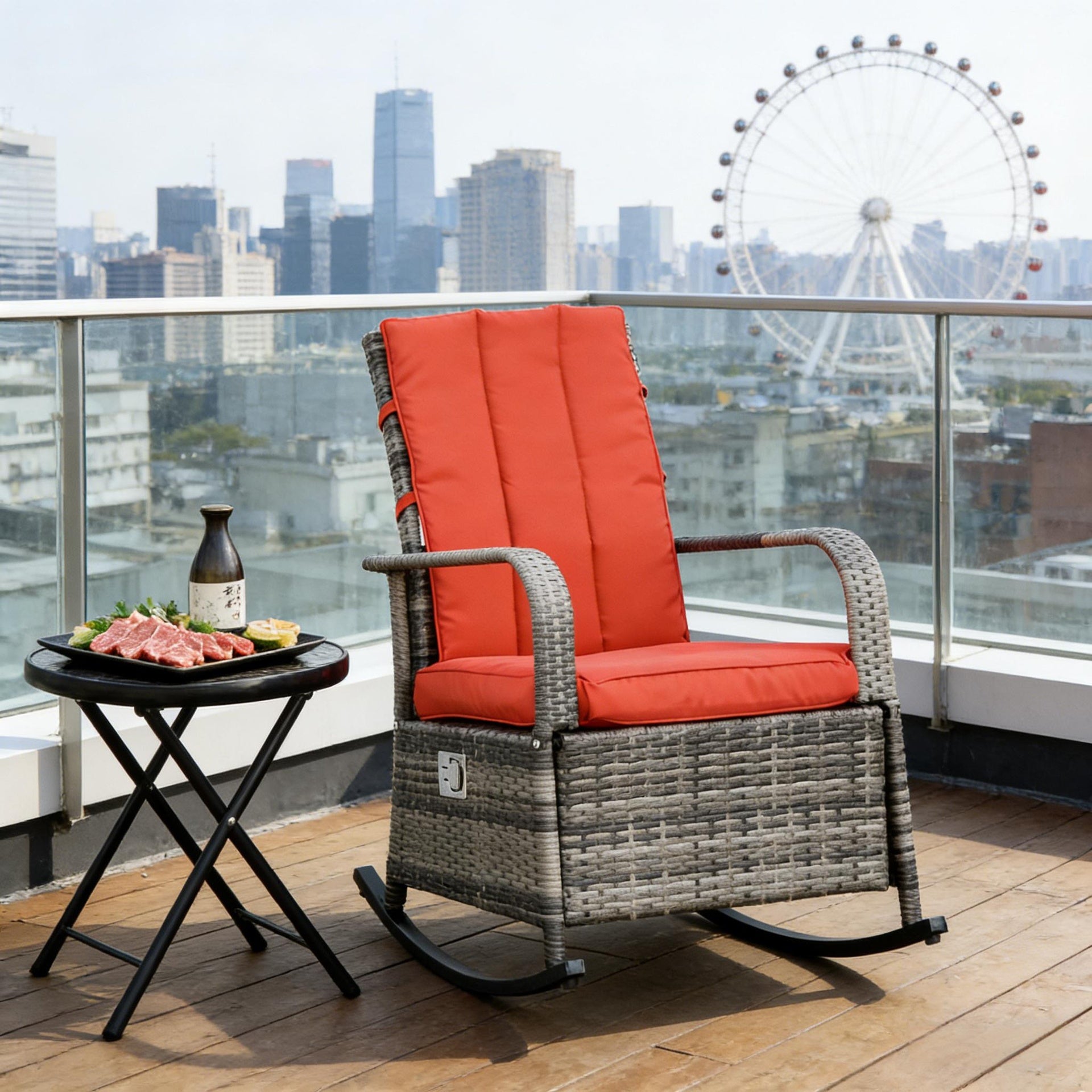Outdoor Rocking Rattan Recliner,Red Rocker Chair