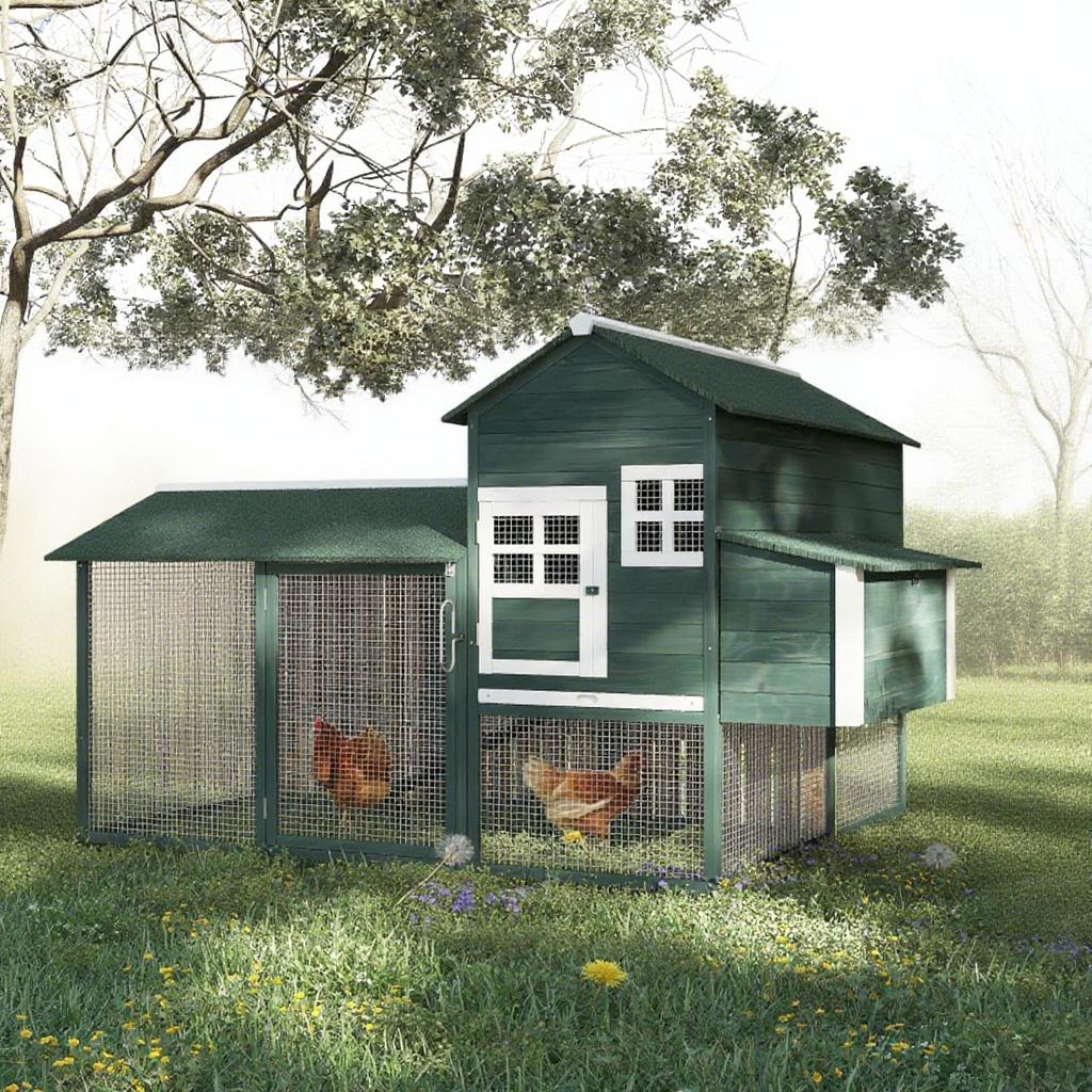 Chicken Coop Hen House Outdoor with Run Nesting Box, Asphalt Roof, Removable Tray Wooden