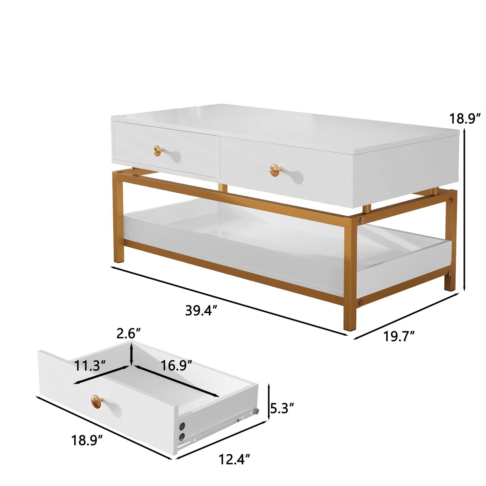 Coffee Tables for Living Room, 39.4" Modern Coffee Table with 2 Drawers and Open Shelf, Wood Center Table with Storage and Gold Metal Frame, White