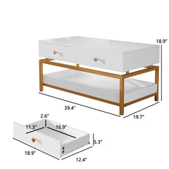 Coffee Tables for Living Room, 39.4" Modern Coffee Table with 2 Drawers and Open Shelf, Wood Center Table with Storage and Gold Metal Frame, White