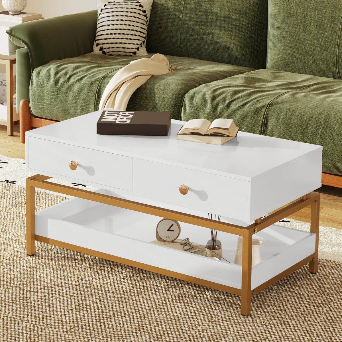 Coffee Tables for Living Room, 39.4" Modern Coffee Table with 2 Drawers and Open Shelf, Wood Center Table with Storage and Gold Metal Frame, White