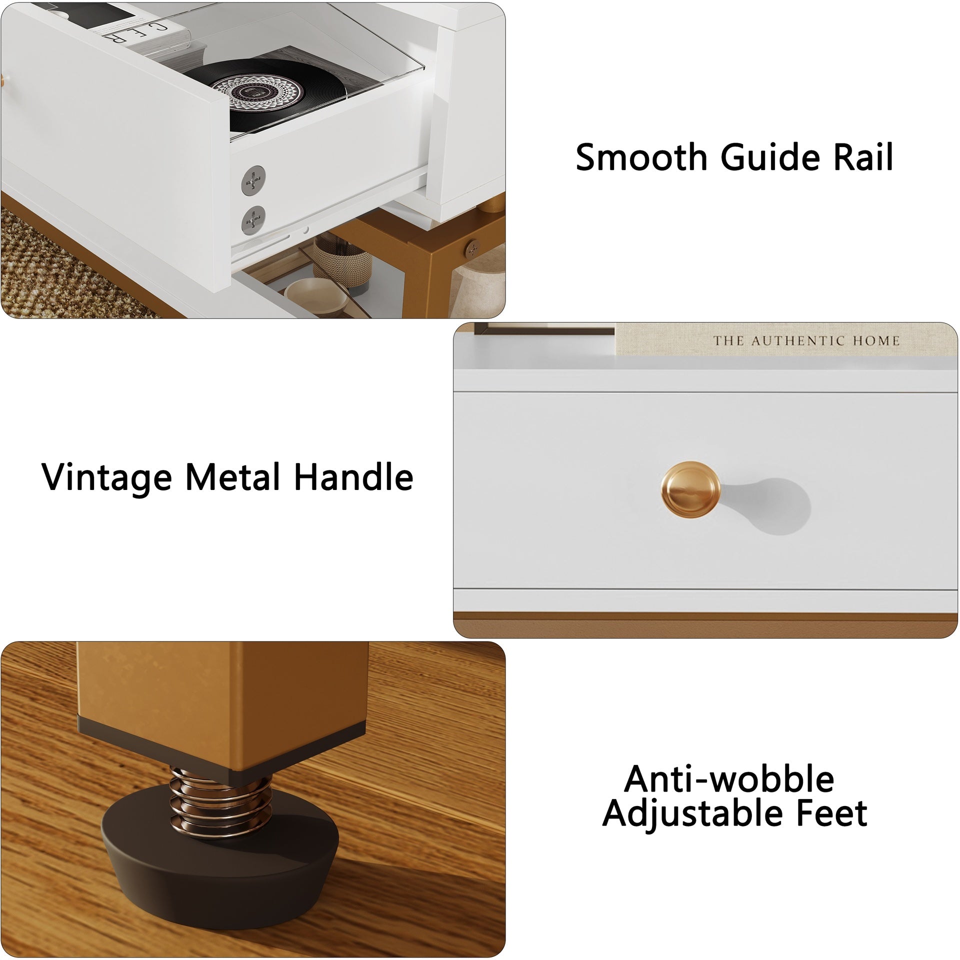Coffee Tables for Living Room, 39.4" Modern Coffee Table with 2 Drawers and Open Shelf, Wood Center Table with Storage and Gold Metal Frame, White
