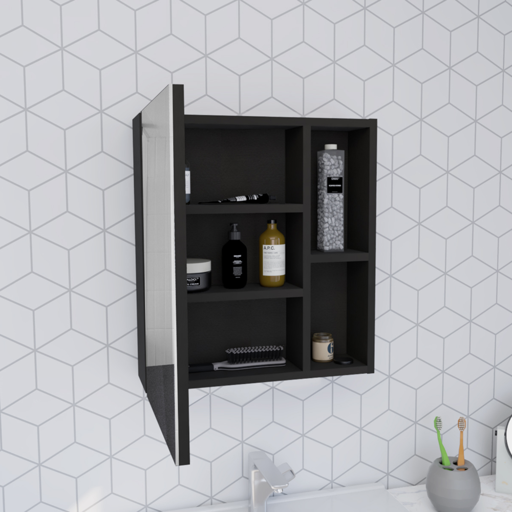 Medicine Single Door Cabinet 19" H With Mirror, Five Interior Shelves, Black