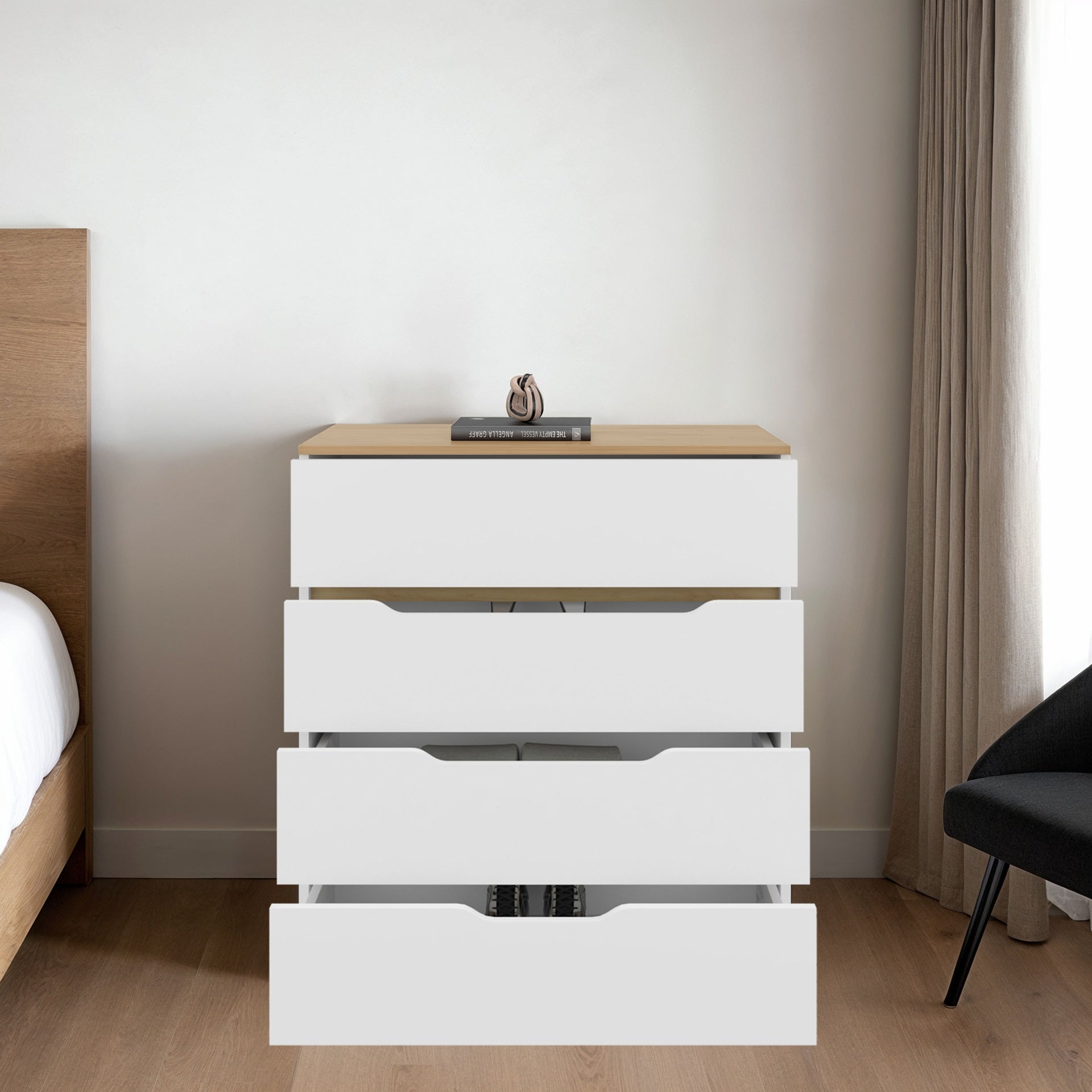 Drawer Dresser 35"H, Four Drawers, Superior Top, White / Light Oak