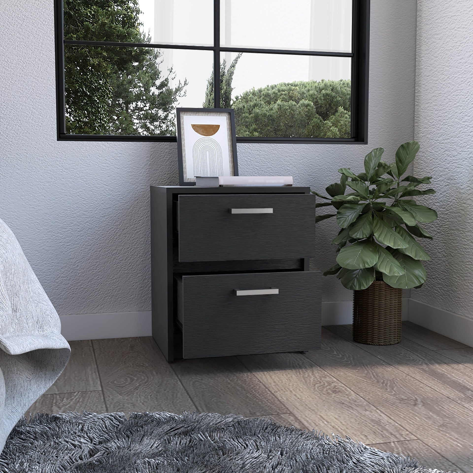 Nightstand 18"H , 2 Drawers with Metal Handles, Black
