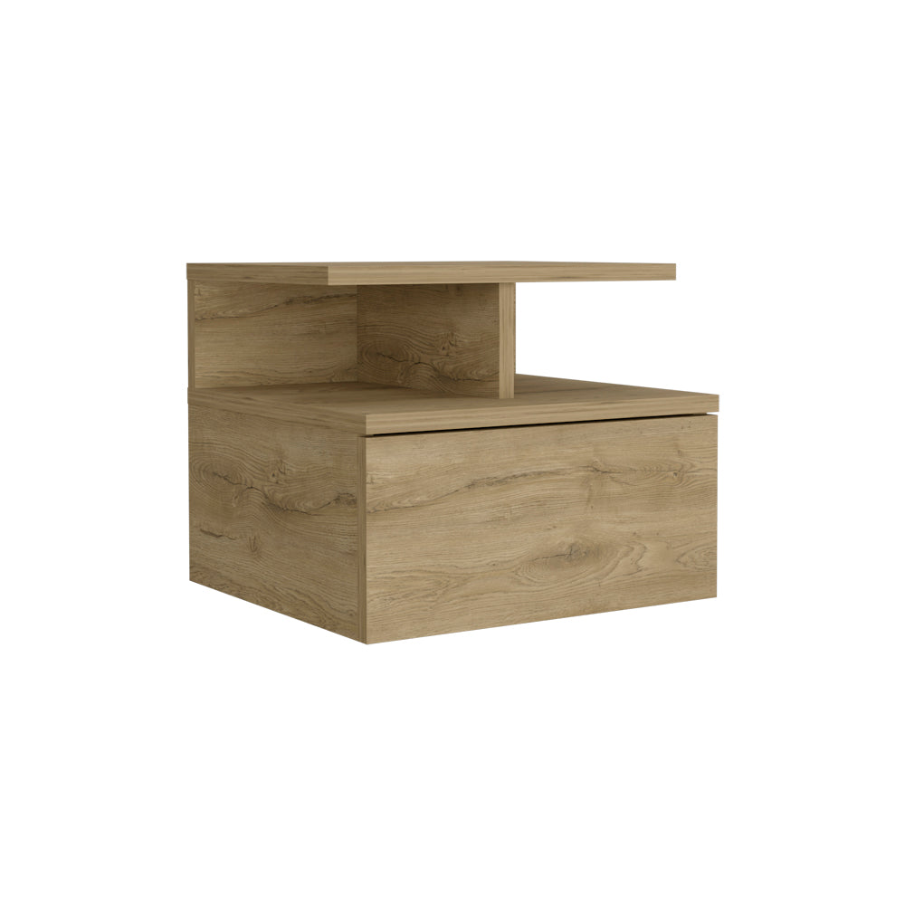 Floating Nightstand 12"H, Wall Mounted with Single Drawer and 2-Tier Shelf, Macadamia