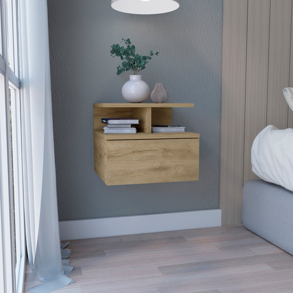 Floating Nightstand 12"H, Wall Mounted with Single Drawer and 2-Tier Shelf, Macadamia