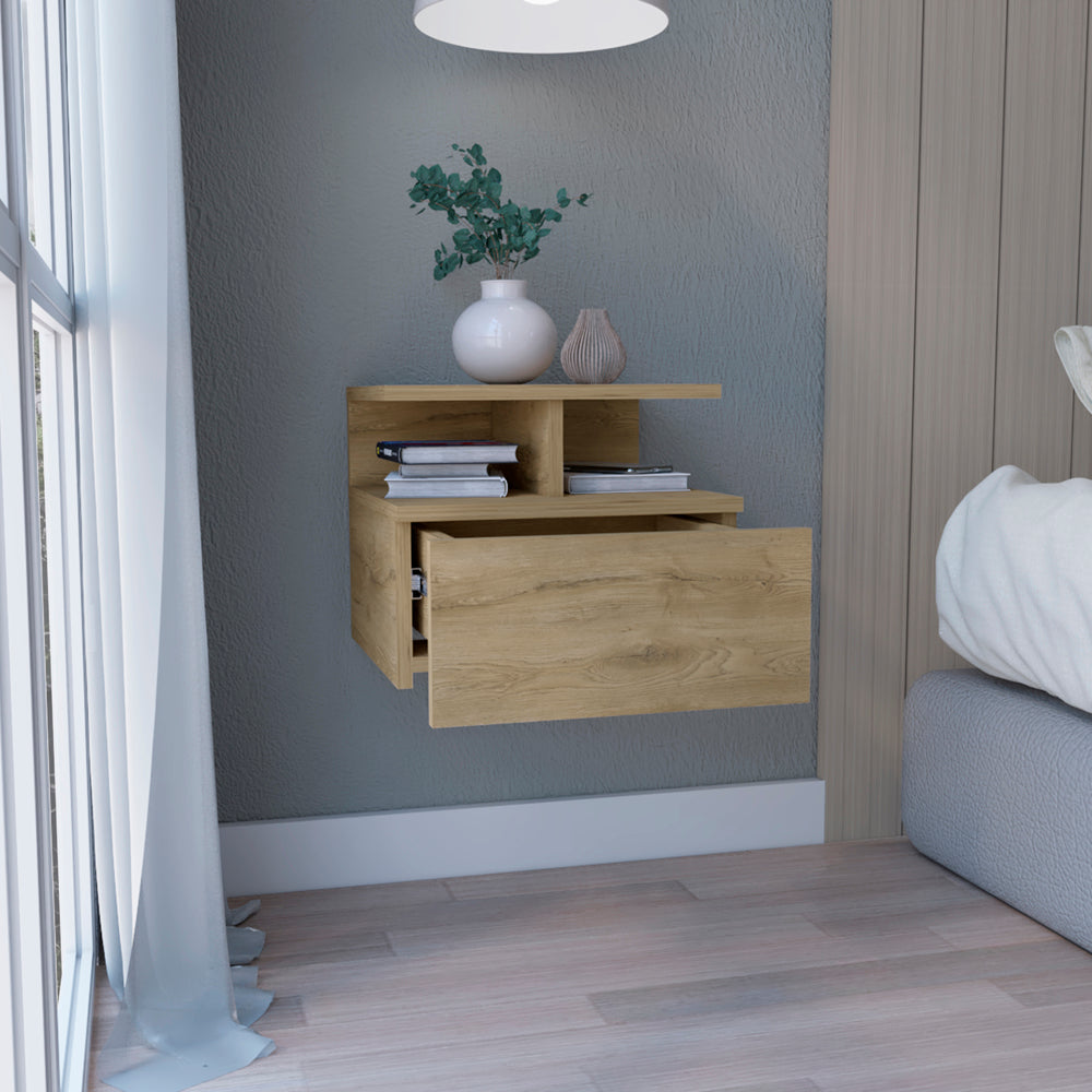 Floating Nightstand 12"H, Wall Mounted with Single Drawer and 2-Tier Shelf, Macadamia