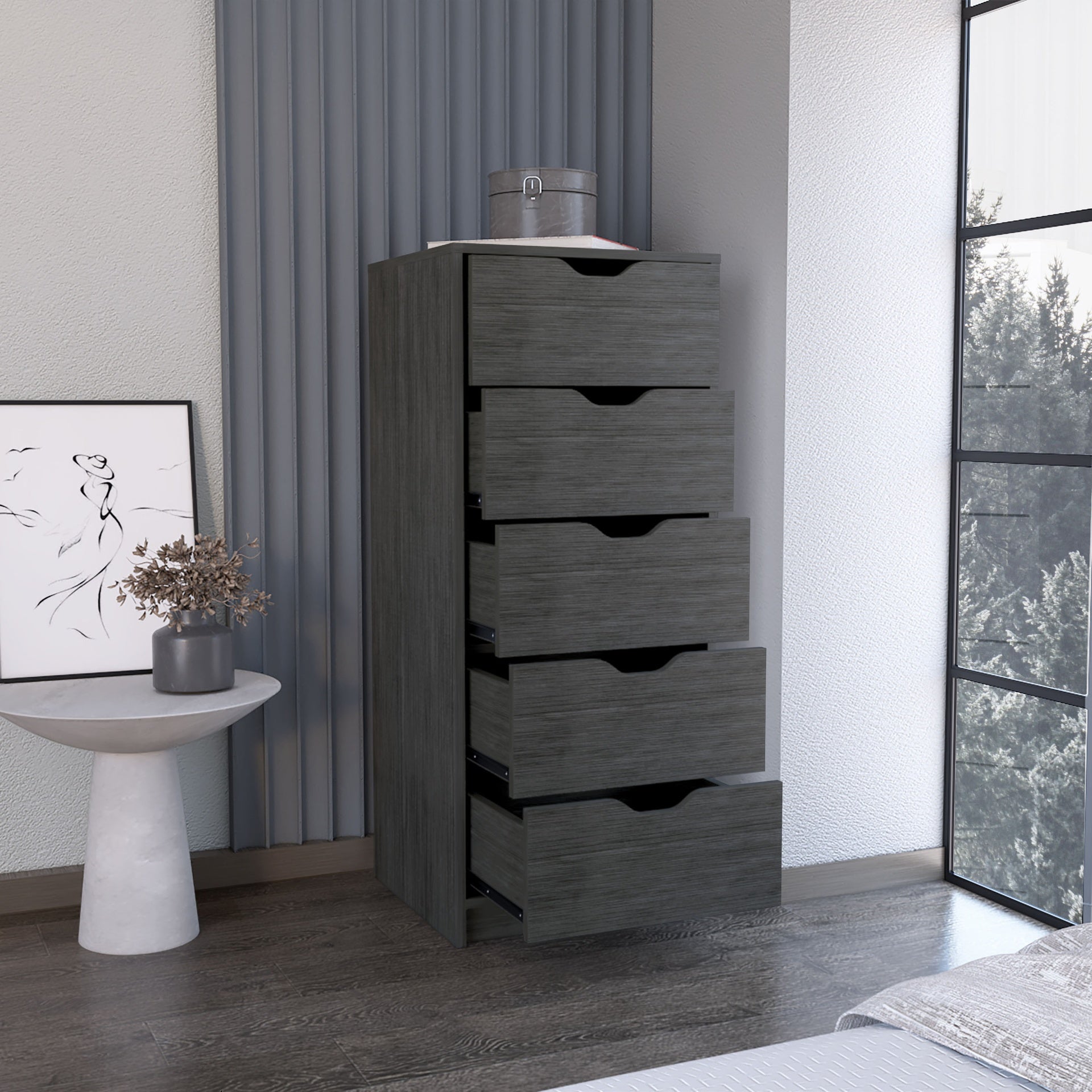 Dresser 42H inch 5 Drawers Narrow Dresser, Slim Storage Chest of Drawers, Bedroom, Smokey Oak