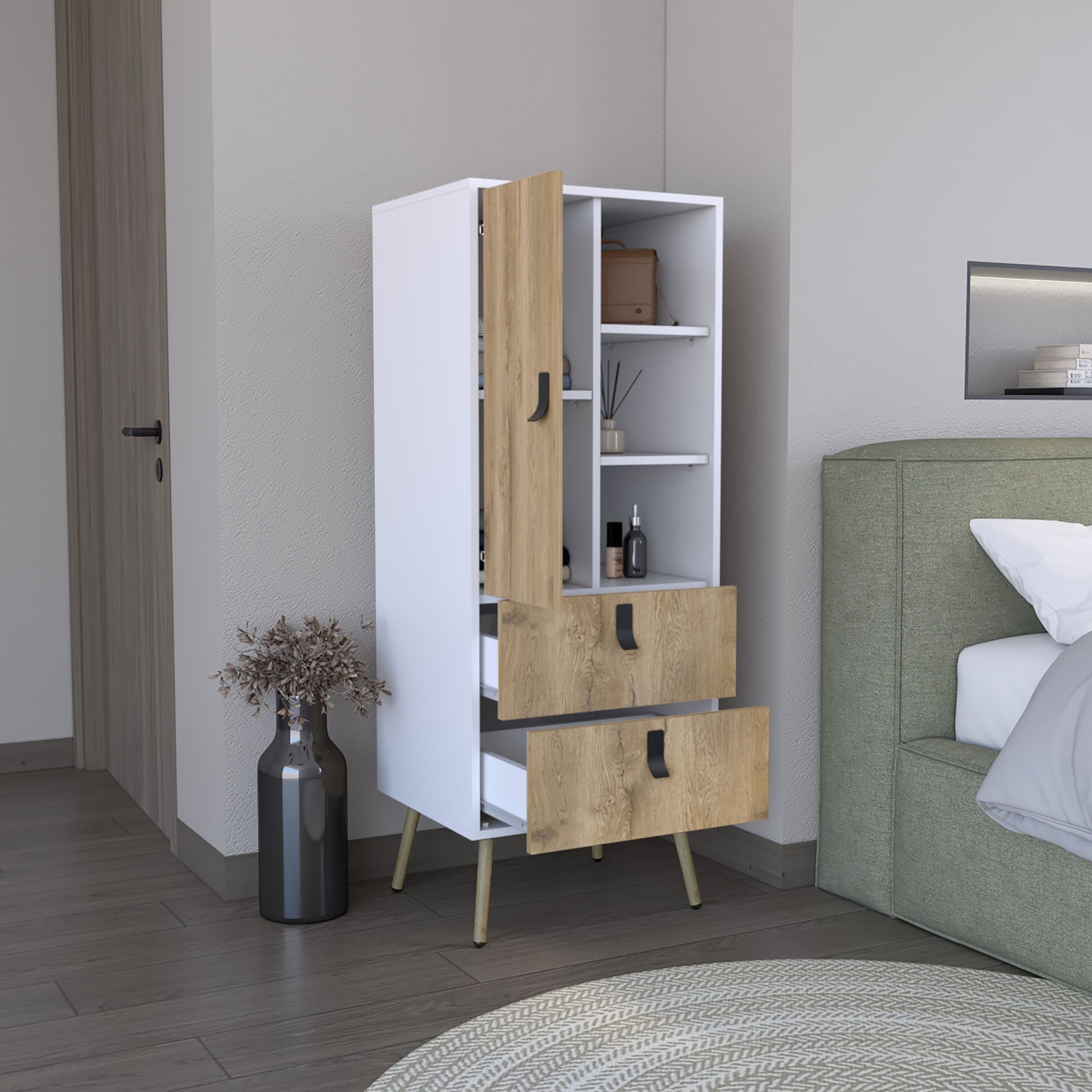 Dresser 52 inchH Stylish Bedroom Storage Solution with 3 Open Shelves, 2 Drawers, and 1 Door, White / Macadamia