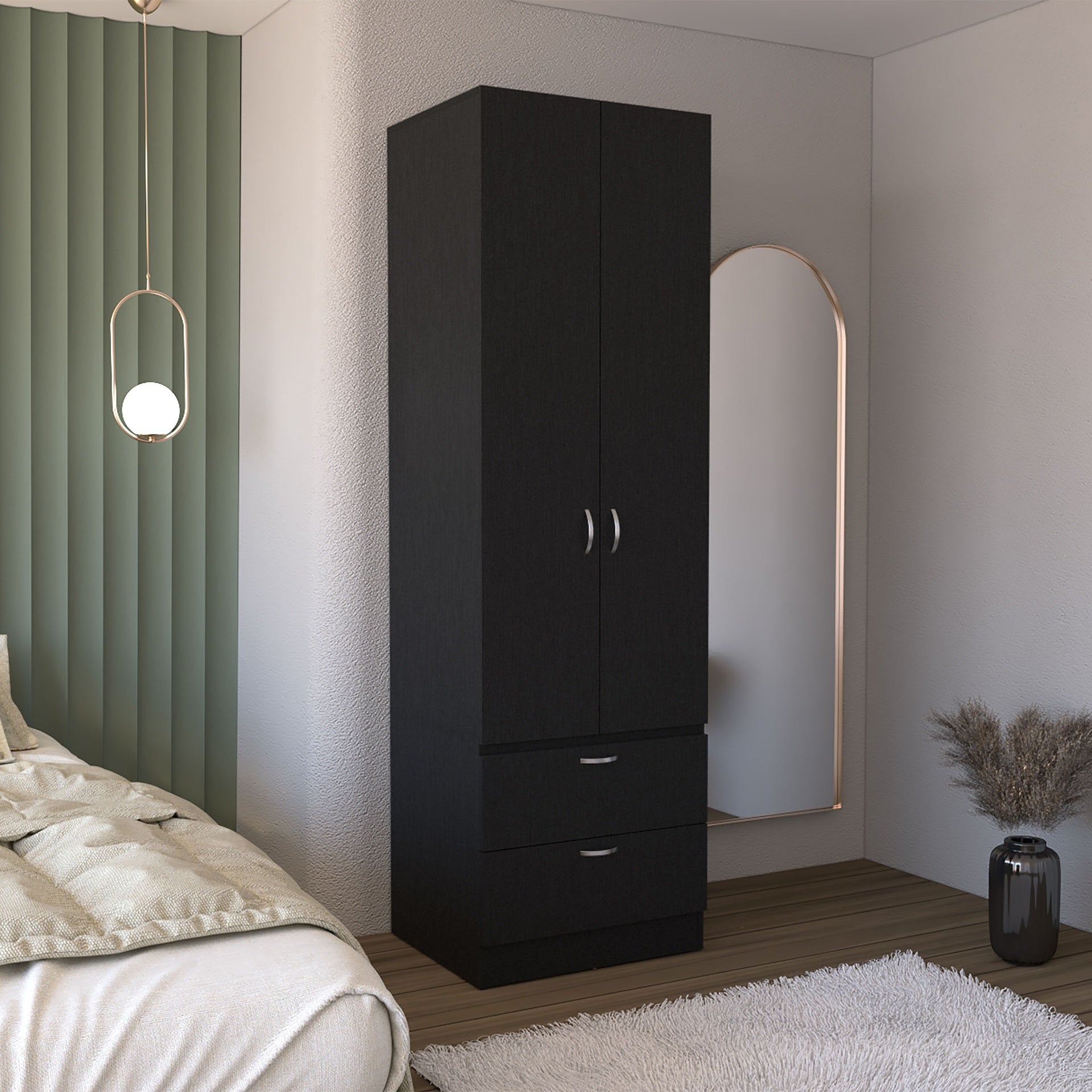 Armoire Wardrove 76" H, Hanging Rod, 2 Drawers, 1 Shelf, Black