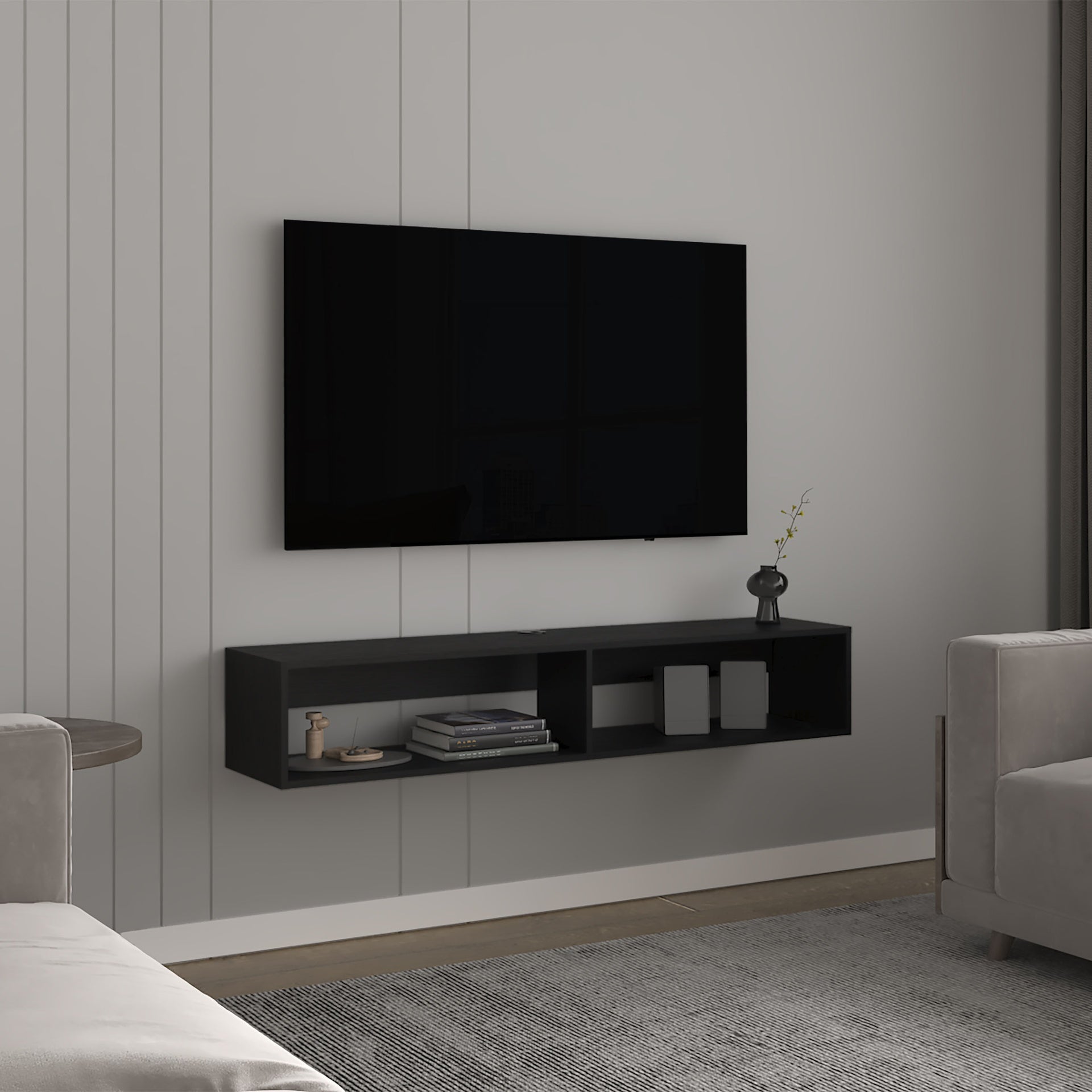 TV Stand 10.4" H, with 2 Shelves, Black