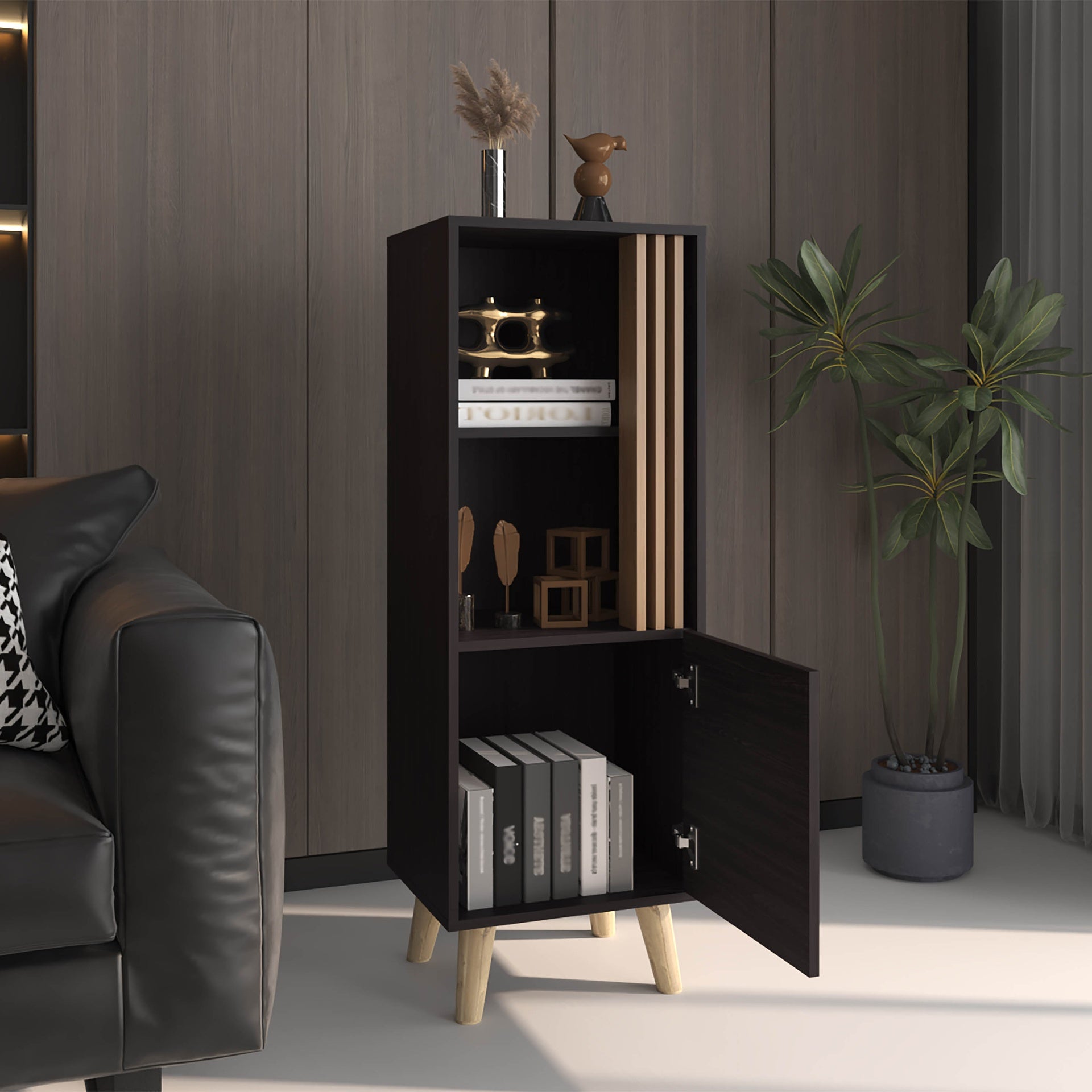 Storage Cabinet, 1 Door, 2 Shelves, Black / Natural Oak