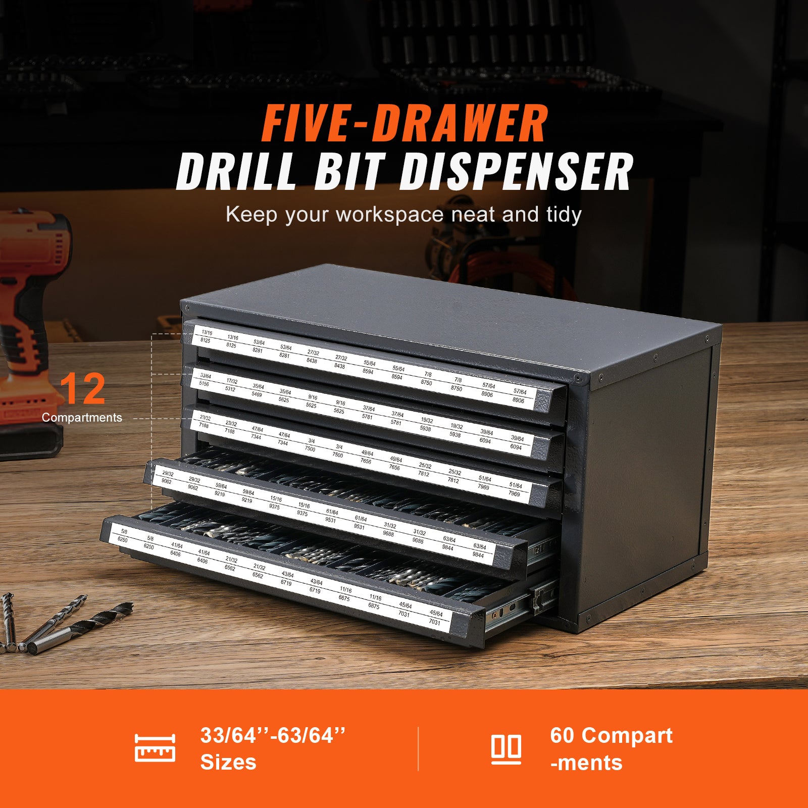 Drill Bit Dispenser Cabinet, Five-Drawer Drill Bit Organizer Cabinet for 33/64" to 63/64" Steel Drill Dispenser Organizer Cabinet with Labels, Stackable Drill Dispenser for Drill Bit Storage