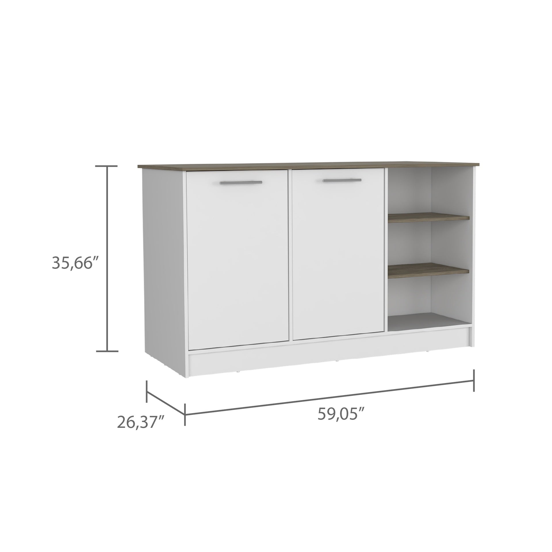 Kitchen Island Two Cabinets, Three Open Shelves, White / Dark Brown