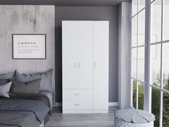 Bosko 3 Doors Armoire, Two Drawers, Metal Rod, White -Bedroom