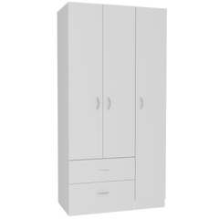 Bosko 3 Doors Armoire, Two Drawers, Metal Rod, White -Bedroom