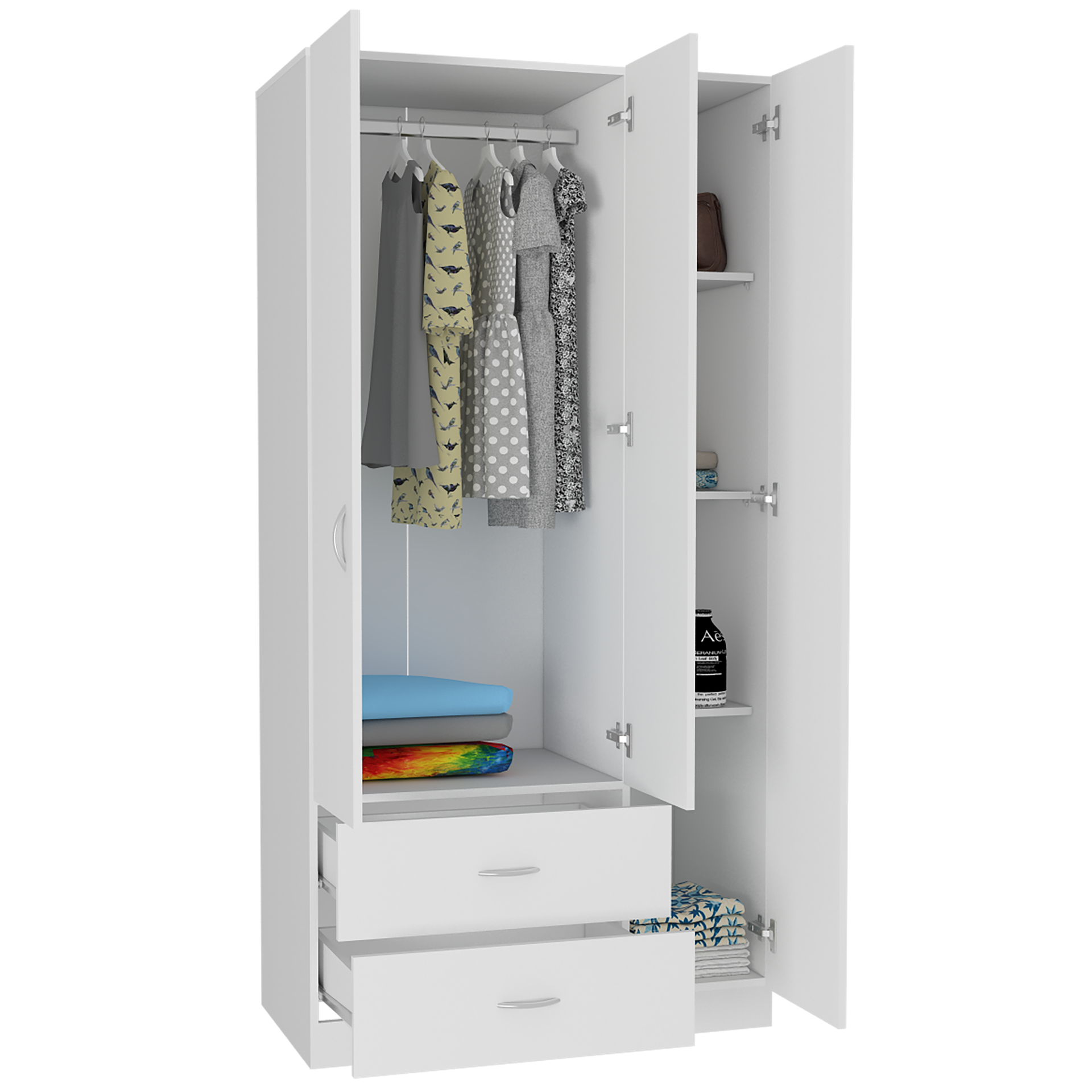 Bosko 3 Doors Armoire, Two Drawers, Metal Rod, White -Bedroom
