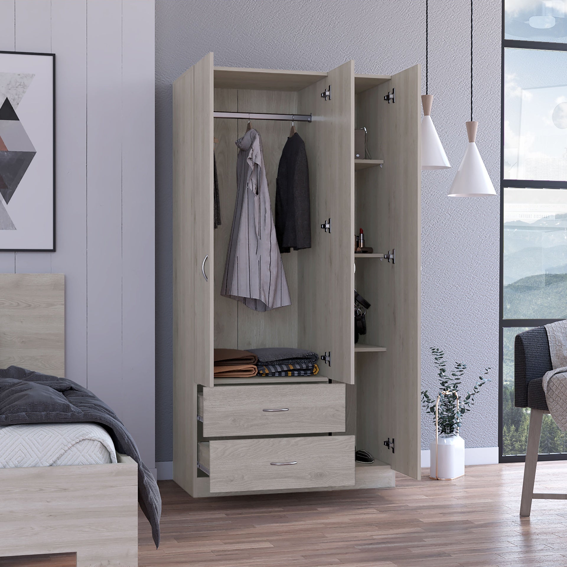 Bosko 3 Doors Armoire, Two Drawers, Metal Rod, Light Gray -Bedroom