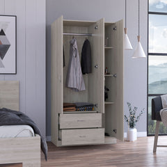 Bosko 3 Doors Armoire, Two Drawers, Metal Rod, Light Gray -Bedroom