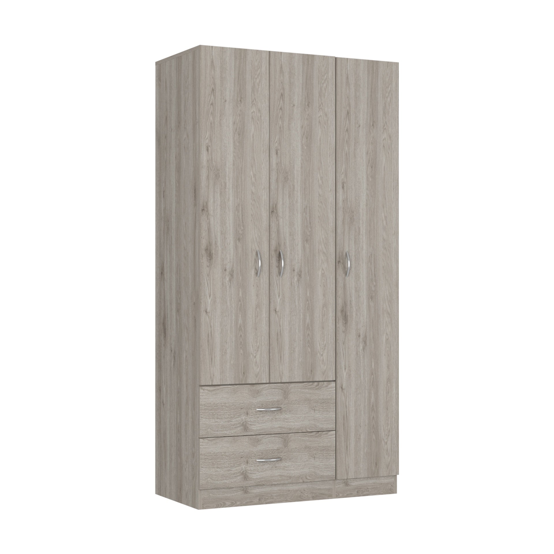 Bosko 3 Doors Armoire, Two Drawers, Metal Rod, Light Gray -Bedroom
