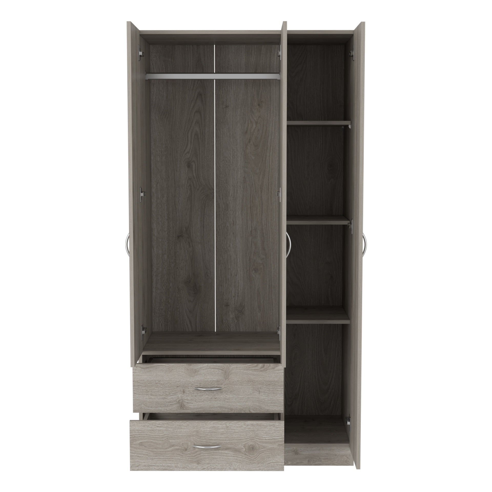 Bosko 3 Doors Armoire, Two Drawers, Metal Rod, Light Gray -Bedroom